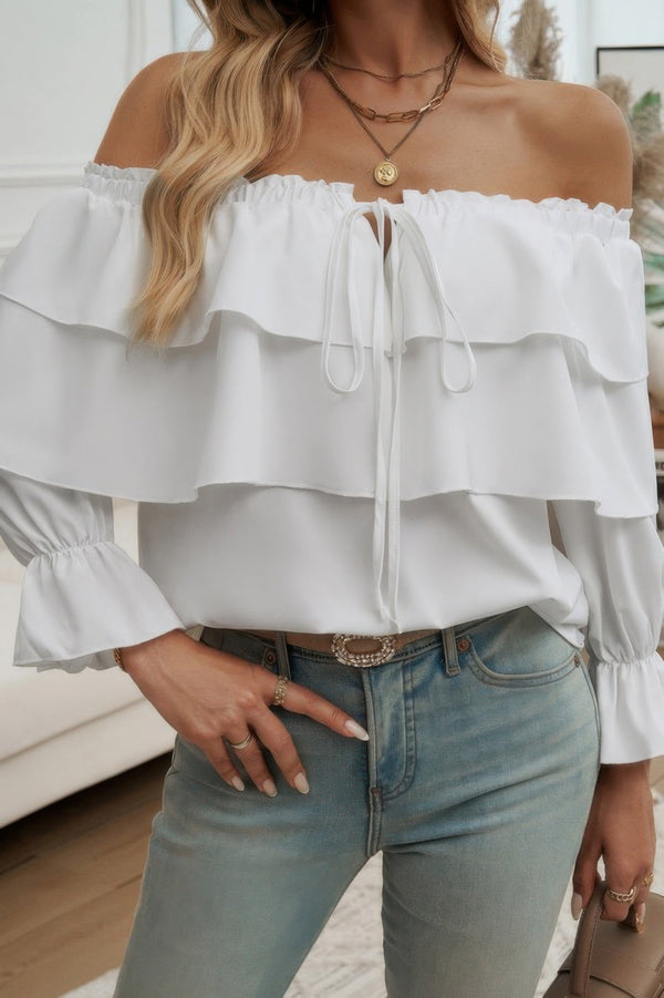 Tiered Ruffles Drawstring Ruched Neck Blouse - | SmartBuyApparel
