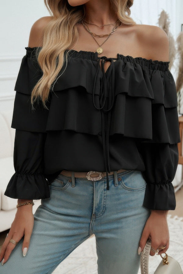 Tiered Ruffles Drawstring Ruched Neck Blouse - | SmartBuyApparel