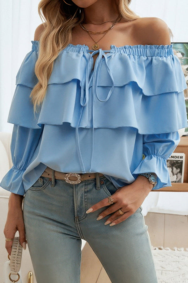 Tiered Ruffles Drawstring Ruched Neck Blouse - | SmartBuyApparel