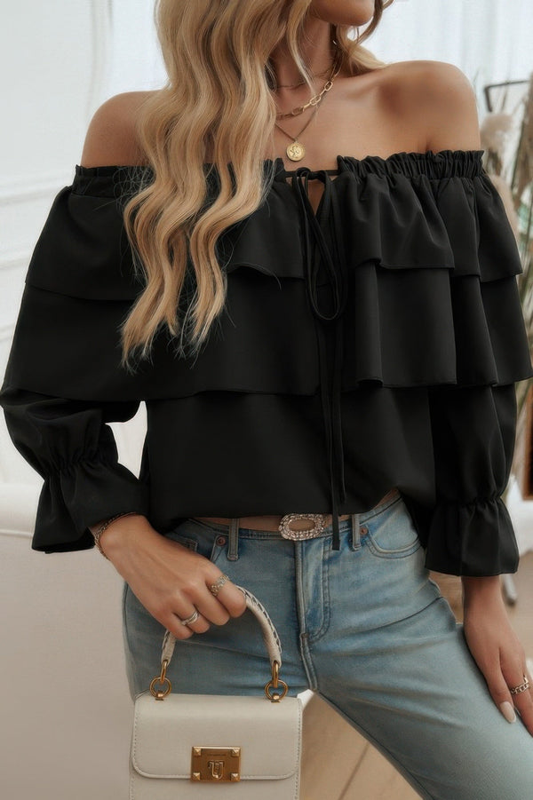Tiered Ruffles Drawstring Ruched Neck Blouse - | SmartBuyApparel