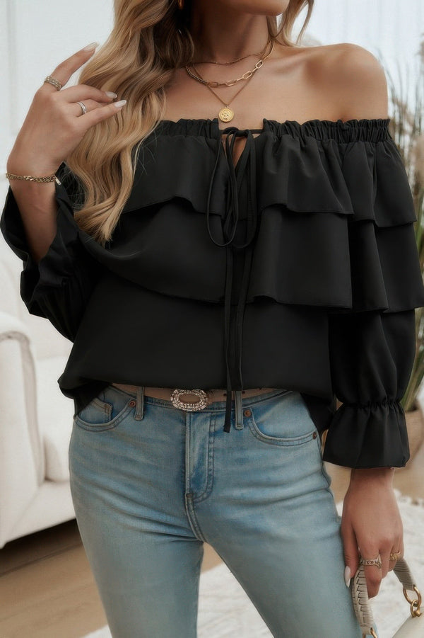 Tiered Ruffles Drawstring Ruched Neck Blouse - | SmartBuyApparel