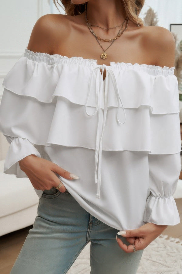 Tiered Ruffles Drawstring Ruched Neck Blouse - | SmartBuyApparel