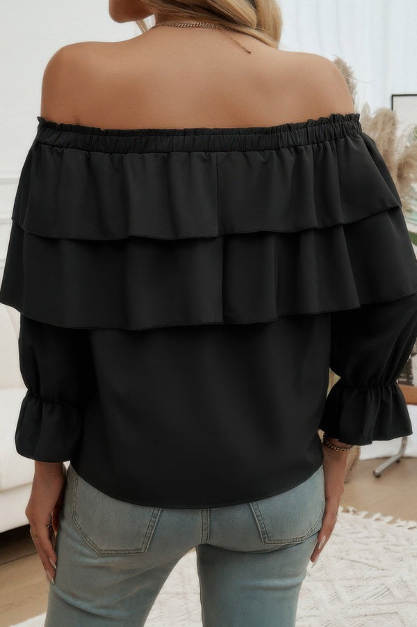 Tiered Ruffles Drawstring Ruched Neck Blouse - | SmartBuyApparel