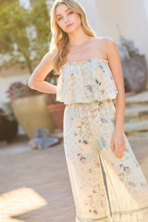 Tube Top With Tier Ruffle Waist Elastic Bottom Lace Trim Jumpsuit - Jumpsuit - SmartBuyApparel