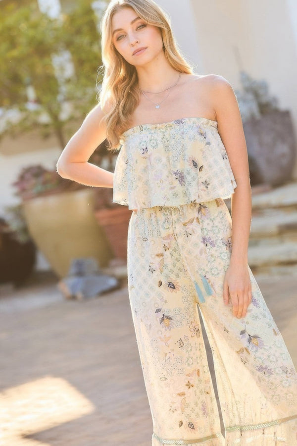 Tube Top With Tier Ruffle Waist Elastic Bottom Lace Trim Jumpsuit - Jumpsuit - SmartBuyApparel