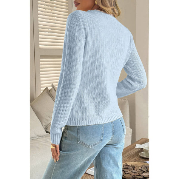 V - Neck Cropped Long Sleeve Texture Knit Sweater - Women's sweater - SmartBuyApparel