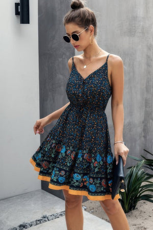 V Neck Floral Printed Mini Dress - | SmartBuyApparel