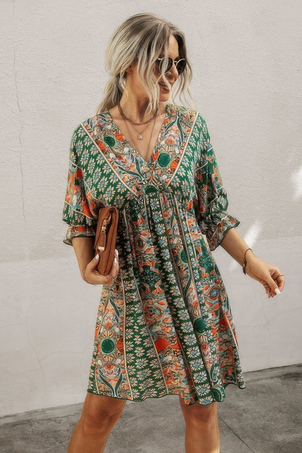 V Neck Half Sleeve Graphic Swing Dress - | SmartBuyApparel