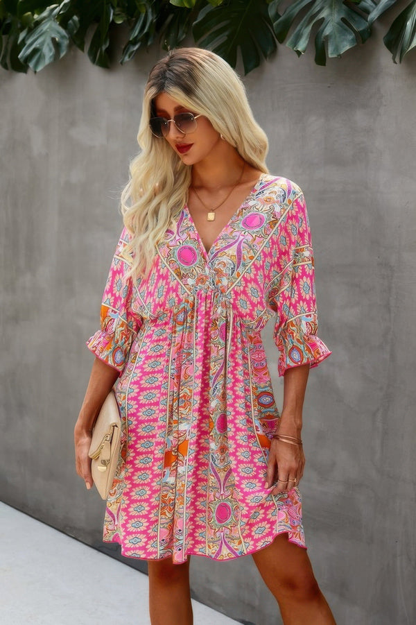 V Neck Half Sleeve Graphic Swing Dress - | SmartBuyApparel