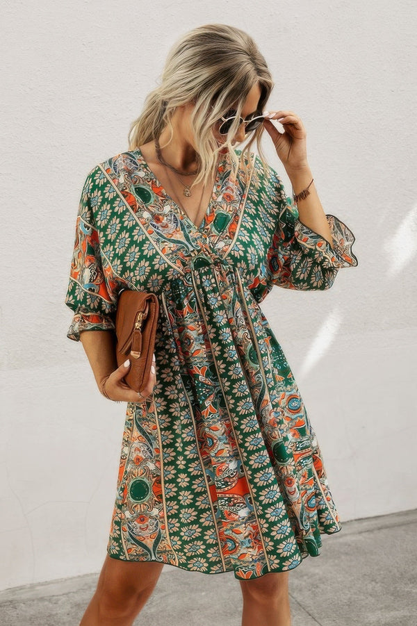 V Neck Half Sleeve Graphic Swing Dress - | SmartBuyApparel