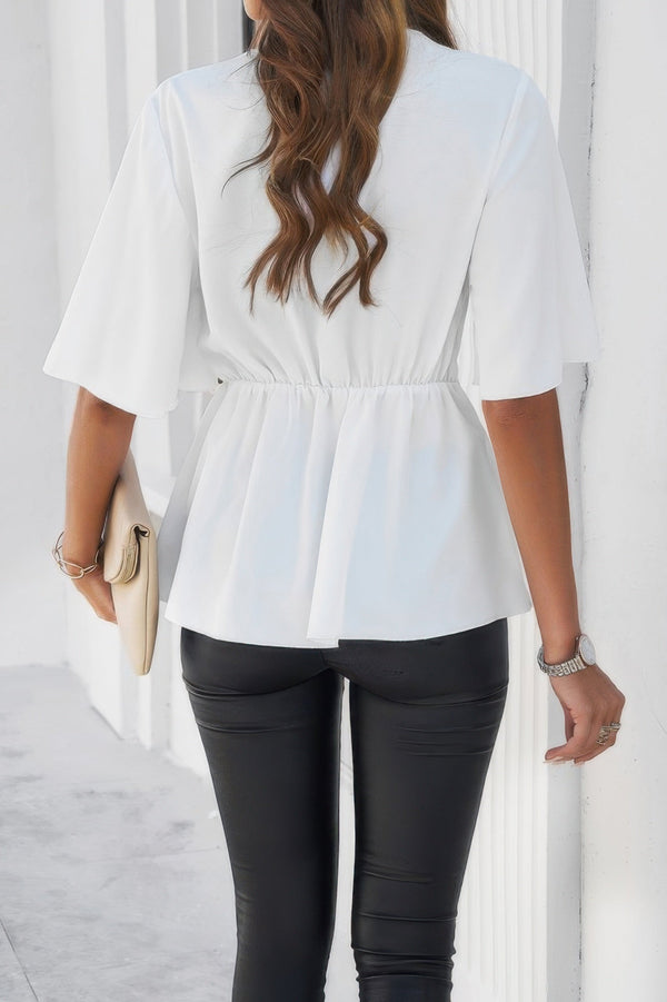 V Neck Peplum Tie Front Short Bell Sleeve Shirt - | SmartBuyApparel