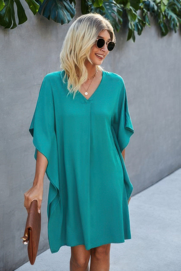 V Neck Solid Short Sleeve Dress - | SmartBuyApparel
