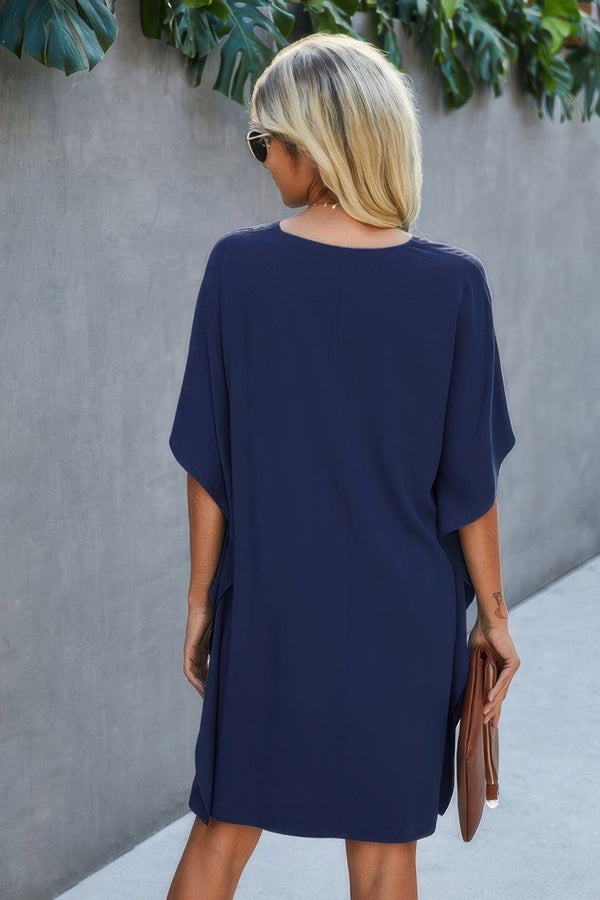 V Neck Solid Short Sleeve Dress - | SmartBuyApparel
