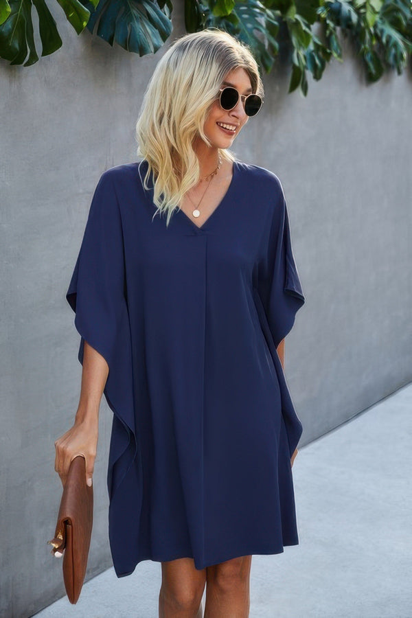 V Neck Solid Short Sleeve Dress - | SmartBuyApparel