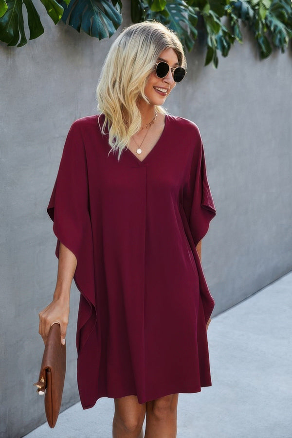 V Neck Solid Short Sleeve Dress - | SmartBuyApparel