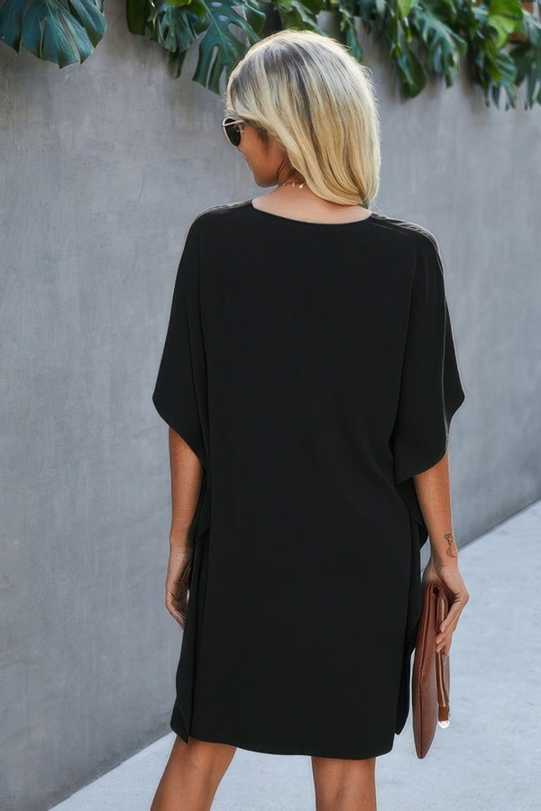 V Neck Solid Short Sleeve Dress - | SmartBuyApparel