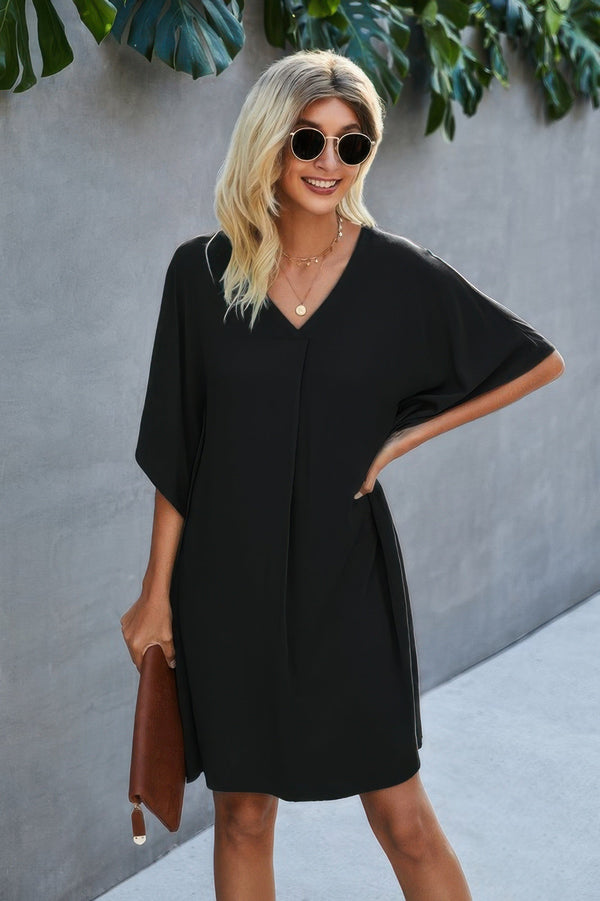 V Neck Solid Short Sleeve Dress - | SmartBuyApparel