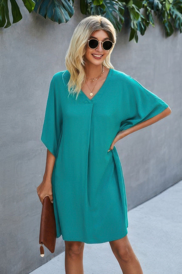 V Neck Solid Short Sleeve Dress - | SmartBuyApparel