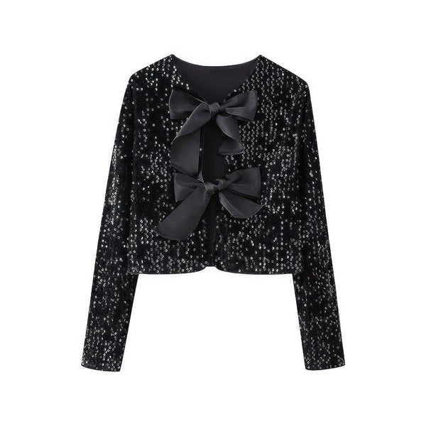 V - Neck Sparkly Bolero Cropped Tie Front Jacket - Women's jacket - SmartBuyApparel