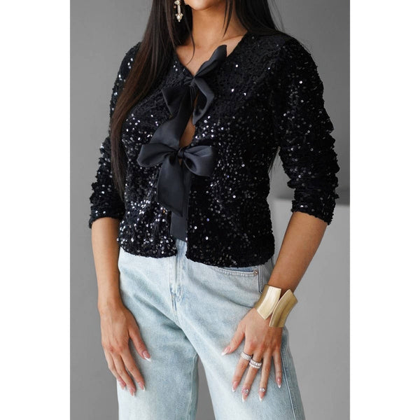 V - Neck Sparkly Bolero Cropped Tie Front Jacket - Women's jacket - SmartBuyApparel