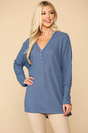 Waffle Knit And Woven Print Mixed Hi - Low Flowy Tunic Top - Women's top - SmartBuyApparel