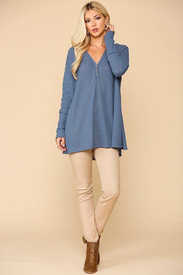 Waffle Knit And Woven Print Mixed Hi - Low Flowy Tunic Top - Women's top - SmartBuyApparel